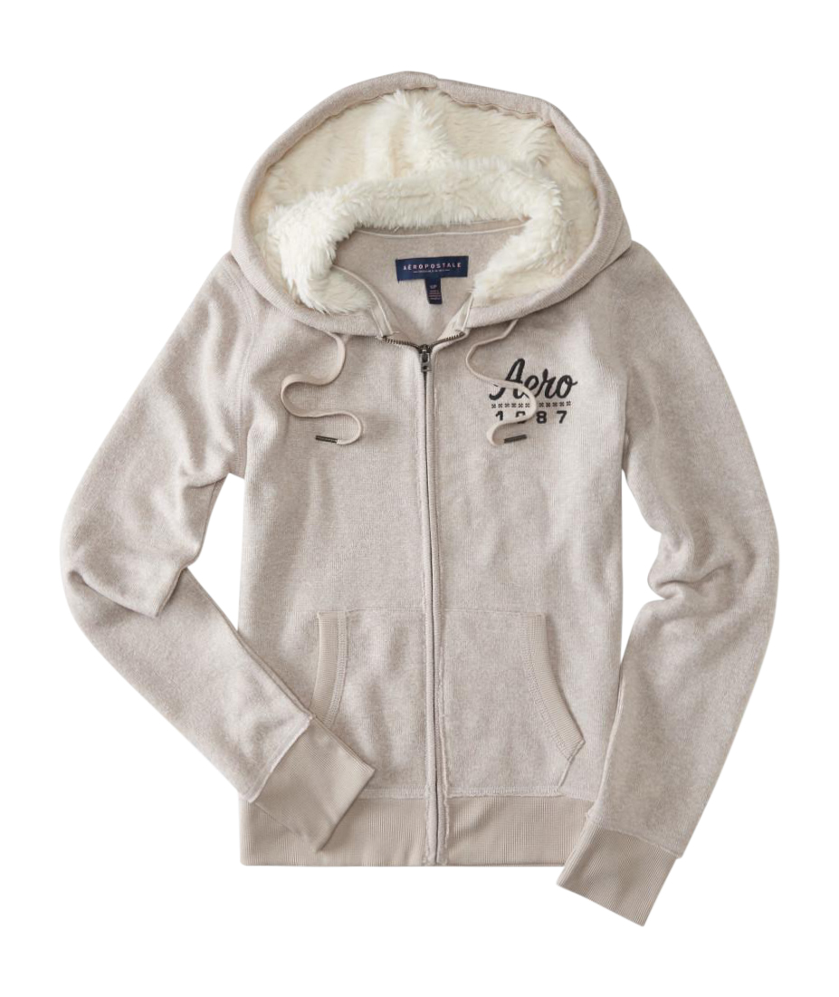 AEROPOSTALE WOMENS FUR HOODIE FULL ZIP SWEATSHIRT JACKET AERO SHERPA